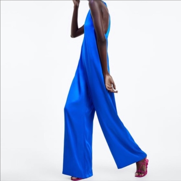 NEW ZARA Blue Flowing Satin Effect Jumpsuit - Picture 3 of 12